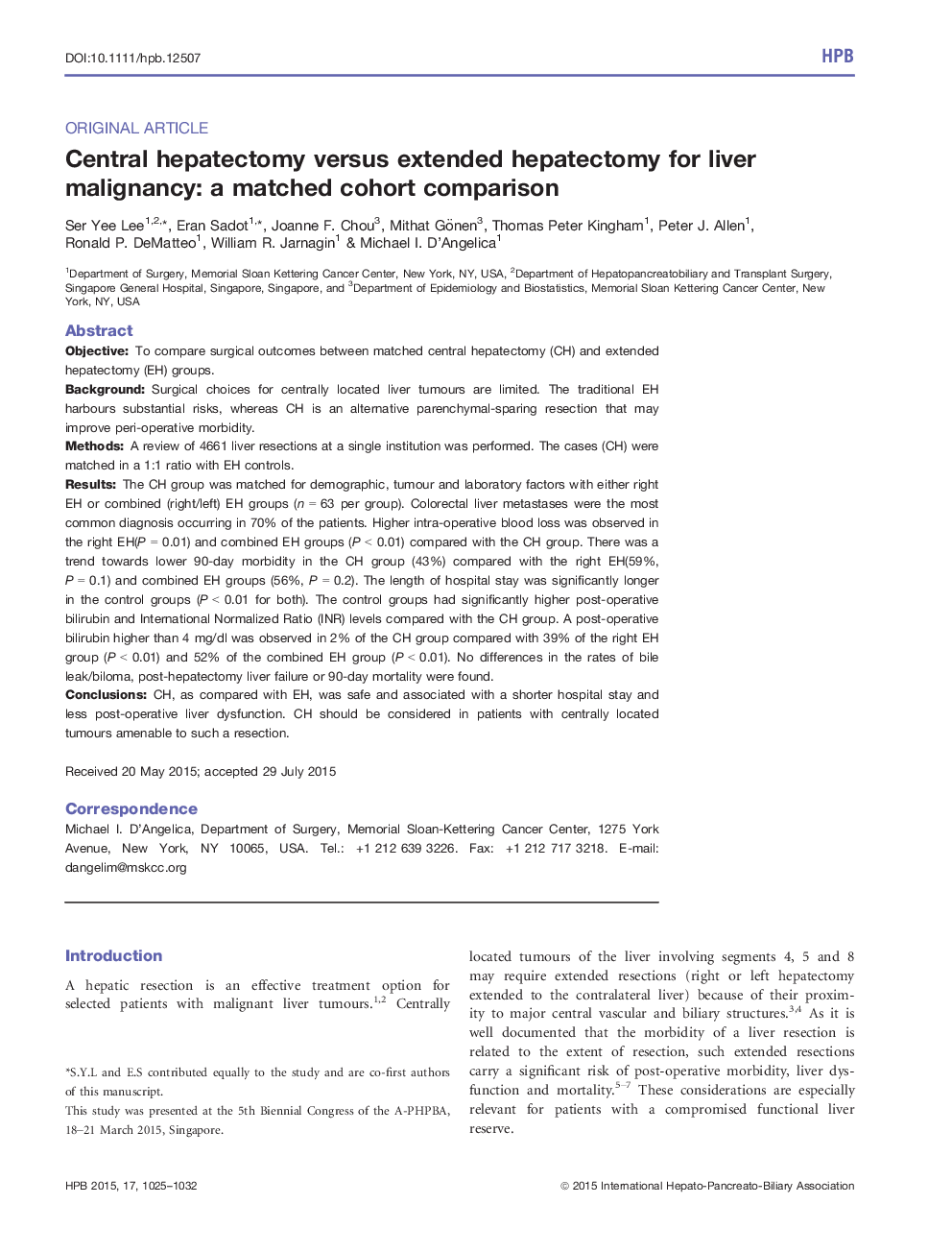 Central hepatectomy versus extended hepatectomy for liver malignancy: a matched cohort comparison