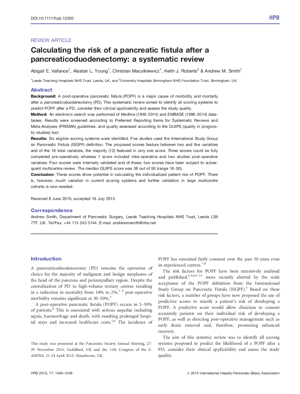 محاسبه خطر ابتلا به یک فیستول پانکراس پس از یک پانکراس دیویدونوکتومی: یک بررسی سیستماتیک 