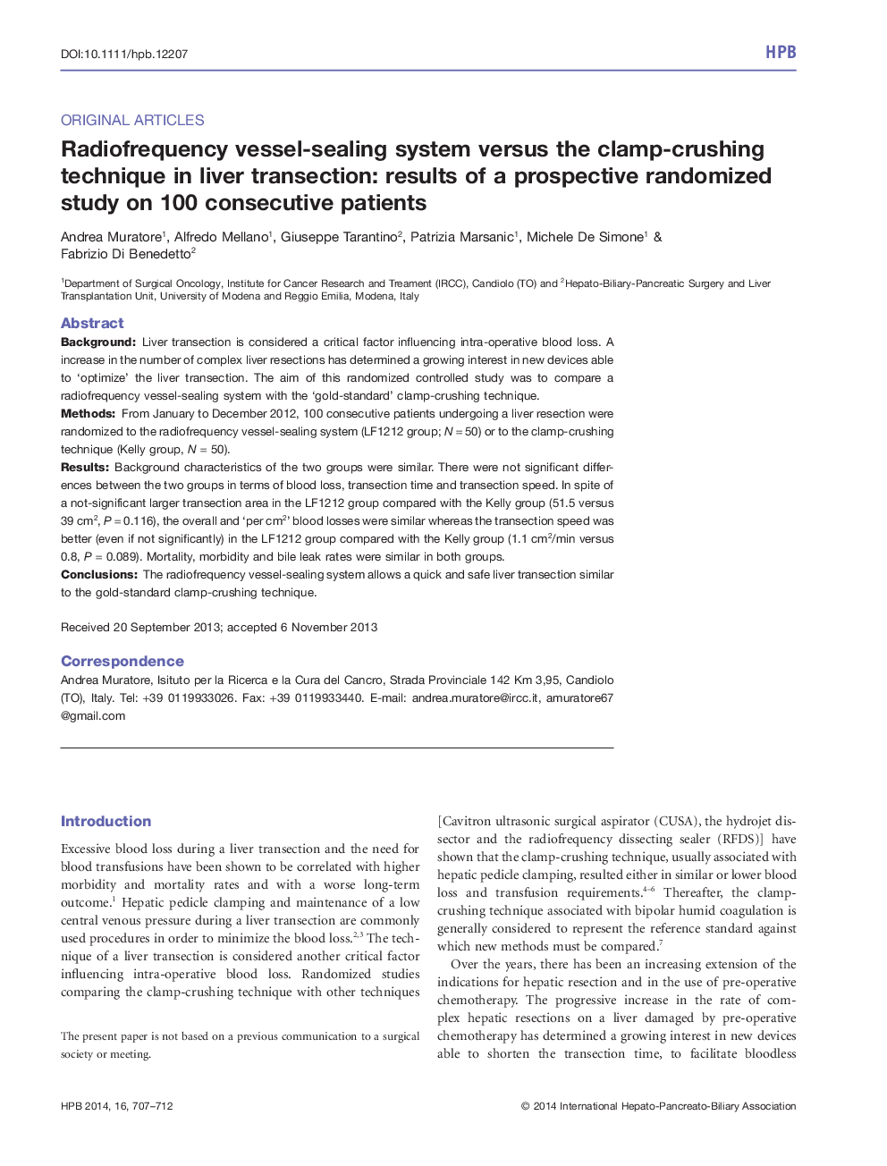 Radiofrequency vessel-sealing system versus the clamp-crushing technique in liver transection: results of a prospective randomized study on 100 consecutive patients 