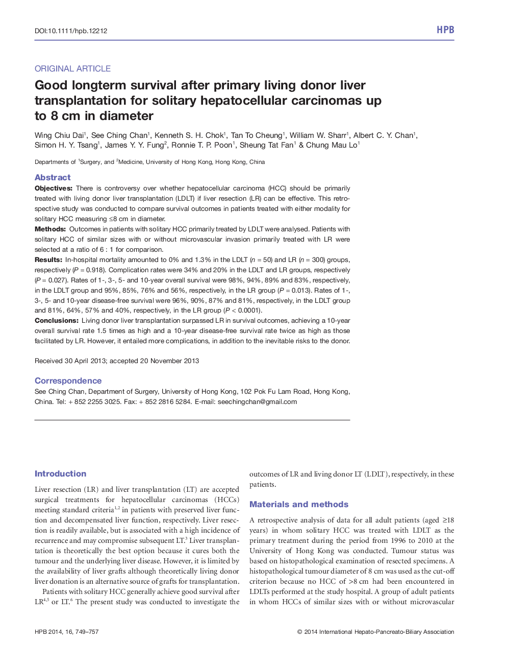 Good longterm survival after primary living donor liver transplantation for solitary hepatocellular carcinomas up to 8 cm in diameter 