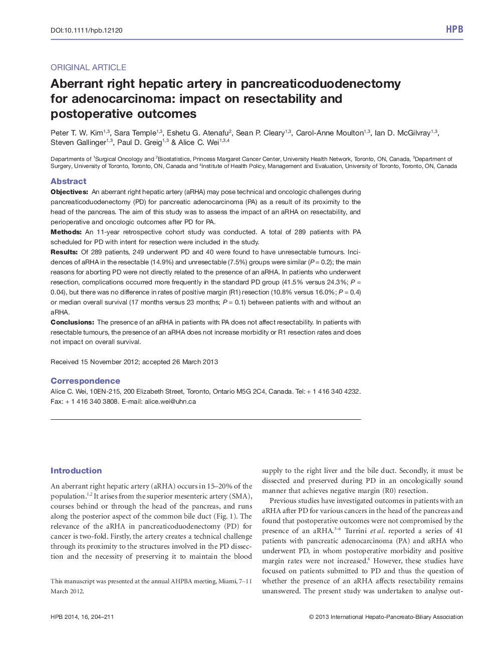 Aberrant right hepatic artery in pancreaticoduodenectomy for adenocarcinoma: impact on resectability and postoperative outcomes 