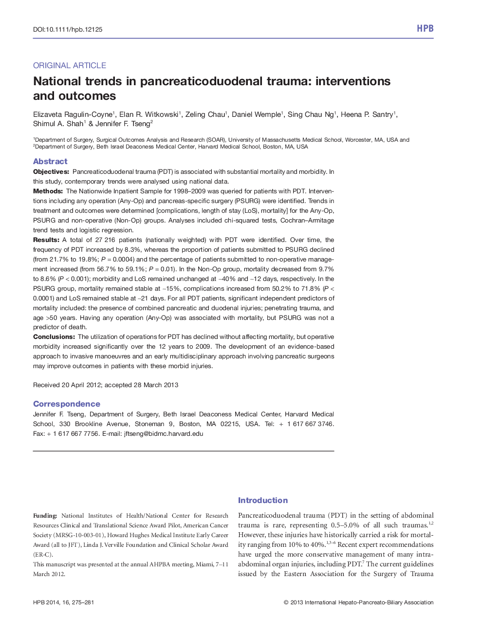 National trends in pancreaticoduodenal trauma: interventions and outcomes 