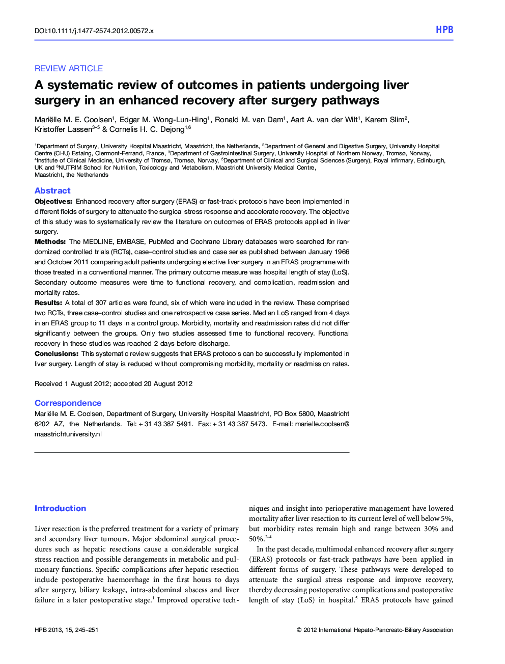 A systematic review of outcomes in patients undergoing liver surgery in an enhanced recovery after surgery pathways