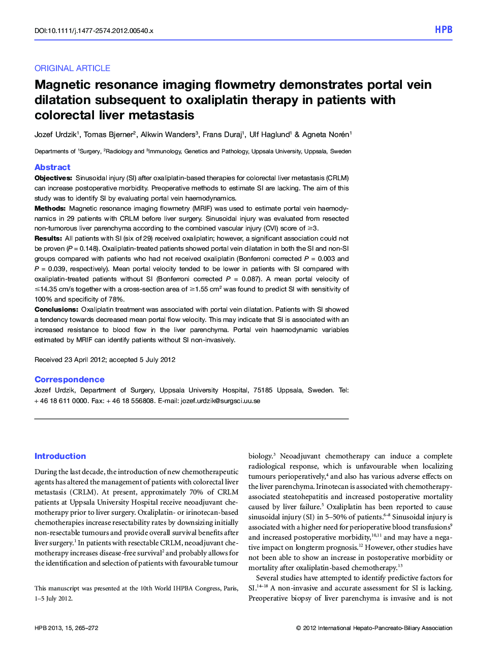 Magnetic resonance imaging flowmetry demonstrates portal vein dilatation subsequent to oxaliplatin therapy in patients with colorectal liver metastasis