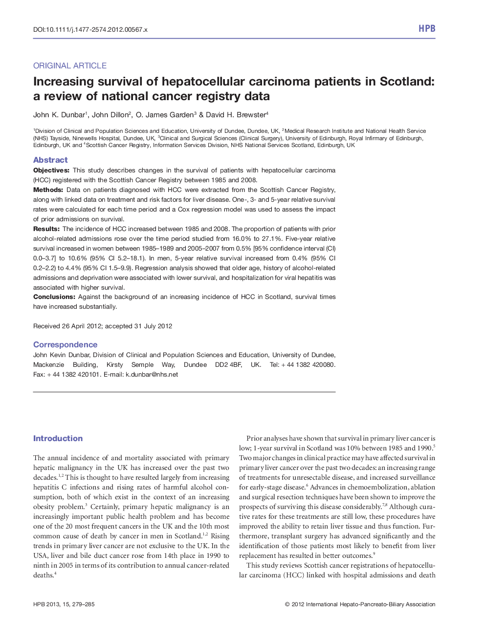 Increasing survival of hepatocellular carcinoma patients in Scotland: a review of national cancer registry data