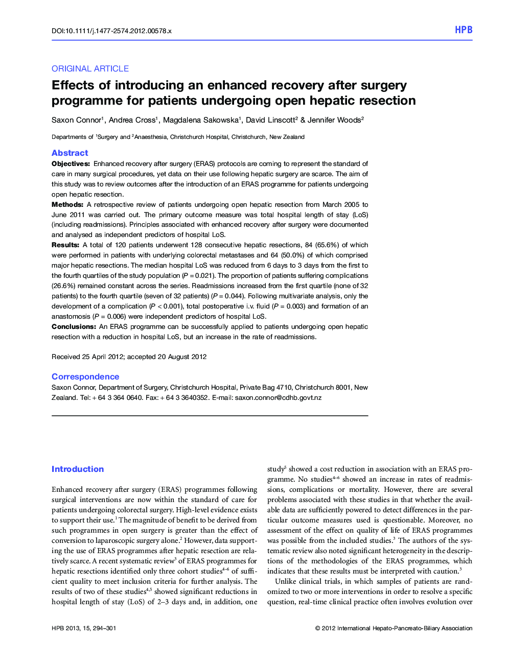 عکس صفحه اول مقاله: Effects of introducing an enhanced recovery after surgery programme for patients undergoing open hepatic resection Effects of introducing an enhanced recovery after surgery programme for patients undergoing open hepatic resection