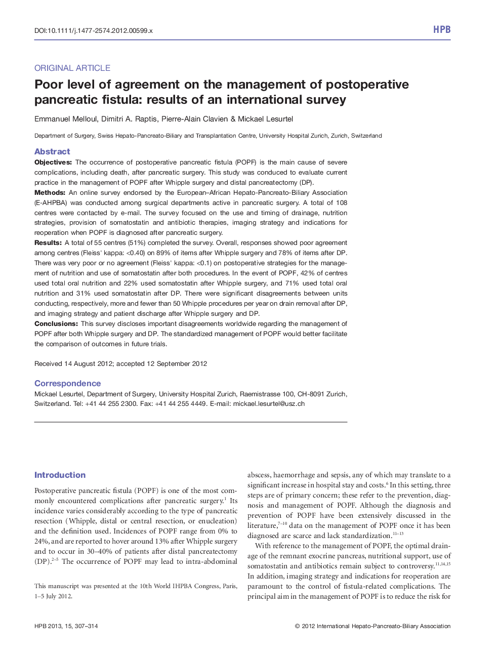 Poor level of agreement on the management of postoperative pancreatic fistula: results of an international survey