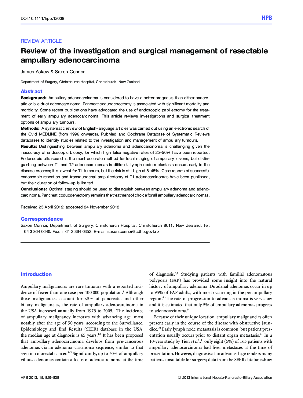 Review of the investigation and surgical management of resectable ampullary adenocarcinoma