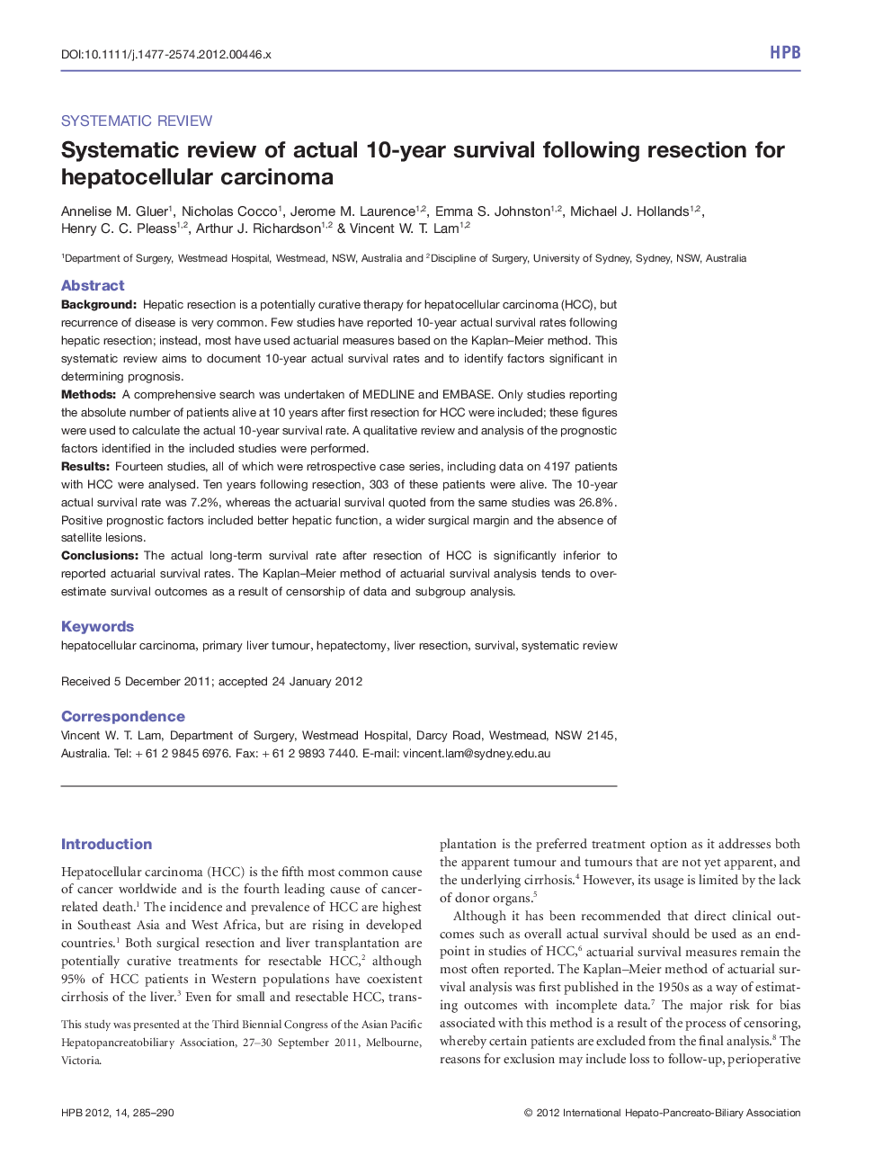 Systematic review of actual 10-year survival following resection for hepatocellular carcinoma