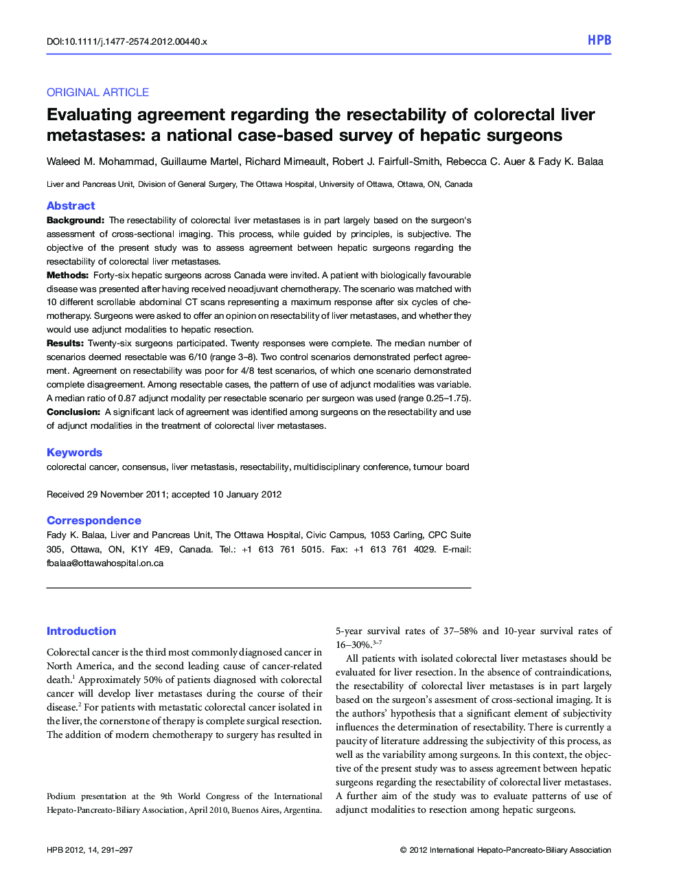 Evaluating agreement regarding the resectability of colorectal liver metastases: a national case-based survey of hepatic surgeons