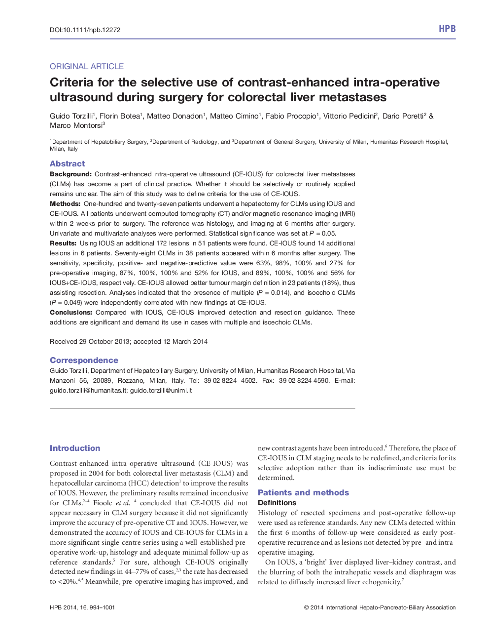 Criteria for the selective use of contrast-enhanced intra-operative ultrasound during surgery for colorectal liver metastases