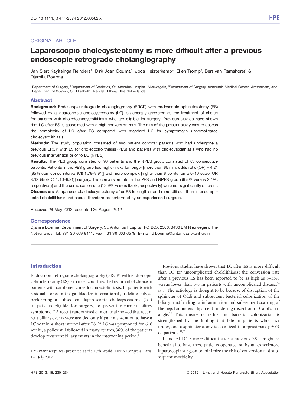 عکس صفحه اول مقاله: Laparoscopic cholecystectomy is more difficult after a previous endoscopic retrograde cholangiography Laparoscopic cholecystectomy is more difficult after a previous endoscopic retrograde cholangiography