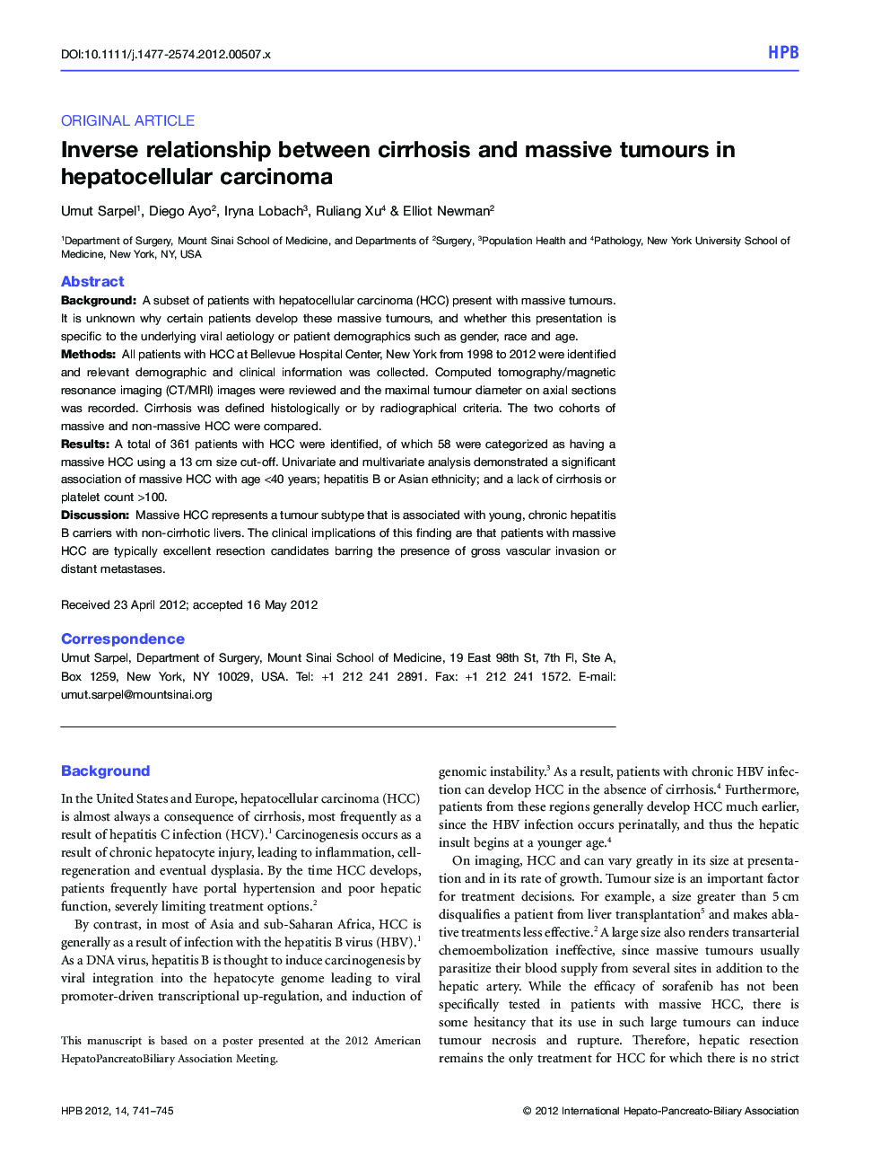 Inverse relationship between cirrhosis and massive tumours in hepatocellular carcinoma