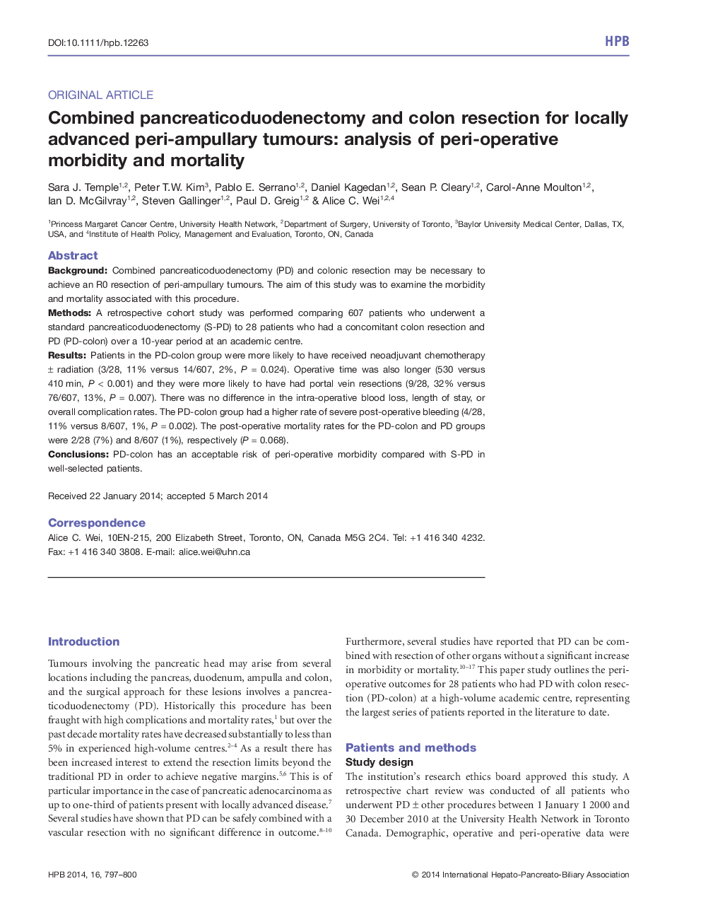 Combined pancreaticoduodenectomy and colon resection for locally advanced peri-ampullary tumours: analysis of peri-operative morbidity and mortality 