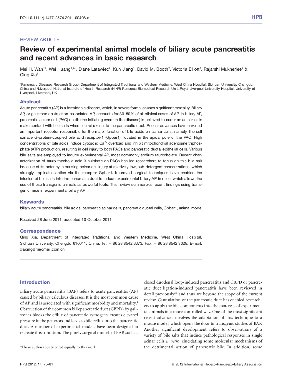 Review of experimental animal models of biliary acute pancreatitis and recent advances in basic research