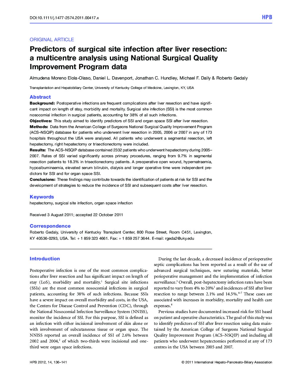 Predictors of surgical site infection after liver resection: a multicentre analysis using National Surgical Quality Improvement Program data