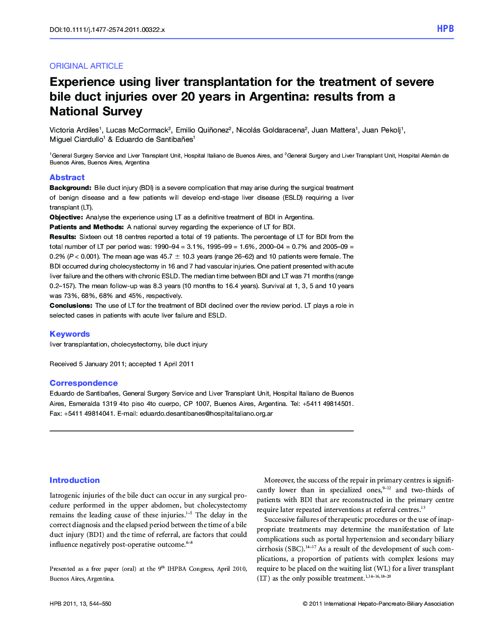 Experience using liver transplantation for the treatment of severe bile duct injuries over 20 years in Argentina: results from a National Survey