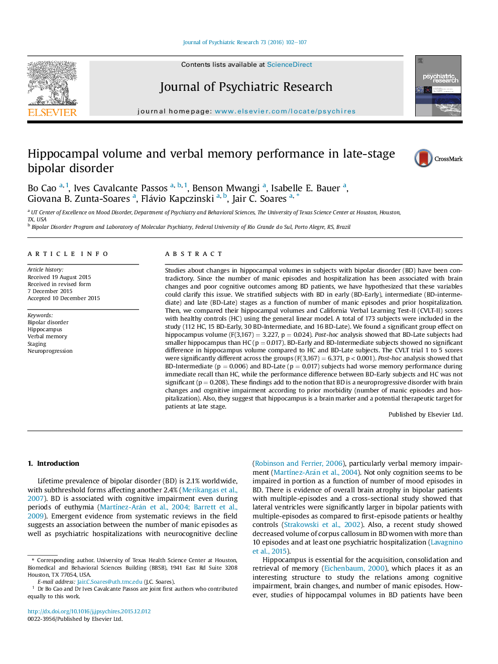 Hippocampal volume and verbal memory performance in late-stage bipolar disorder