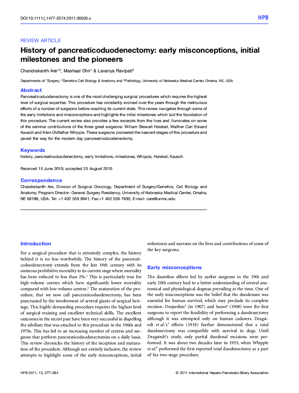 History of pancreaticoduodenectomy: early misconceptions, initial milestones and the pioneers