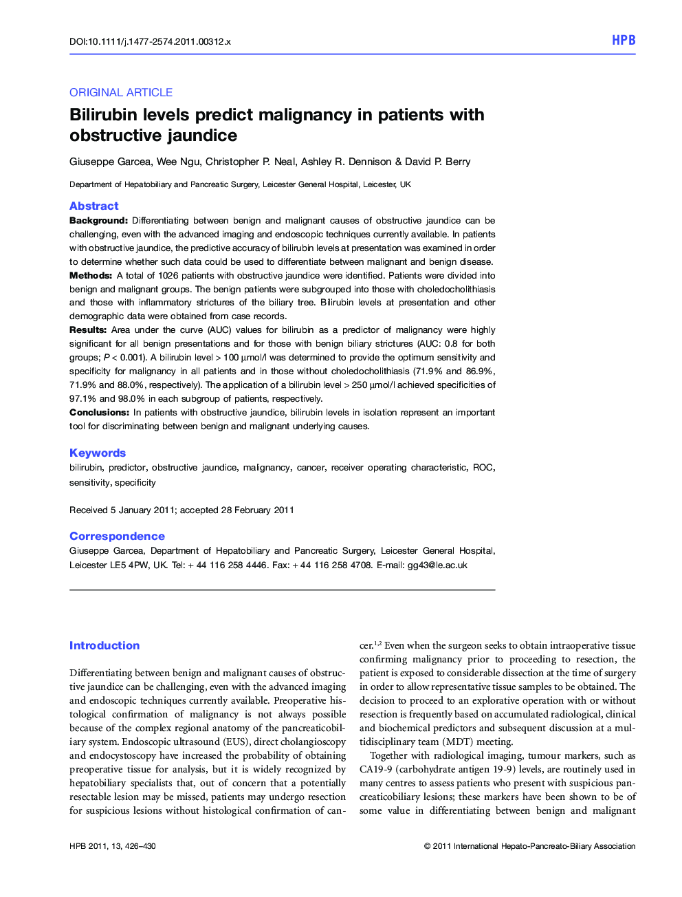 Bilirubin levels predict malignancy in patients with obstructive jaundice