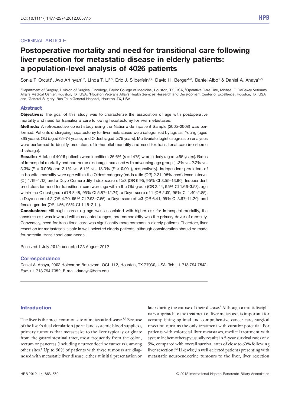 Postoperative mortality and need for transitional care following liver resection for metastatic disease in elderly patients: a populationâlevel analysis of 4026 patients