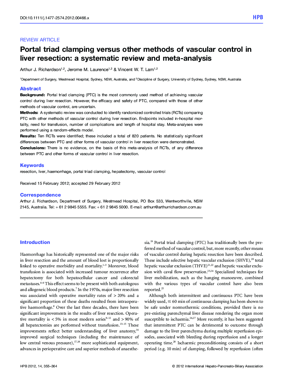 Portal triad clamping versus other methods of vascular control in liver resection: a systematic review and meta-analysis