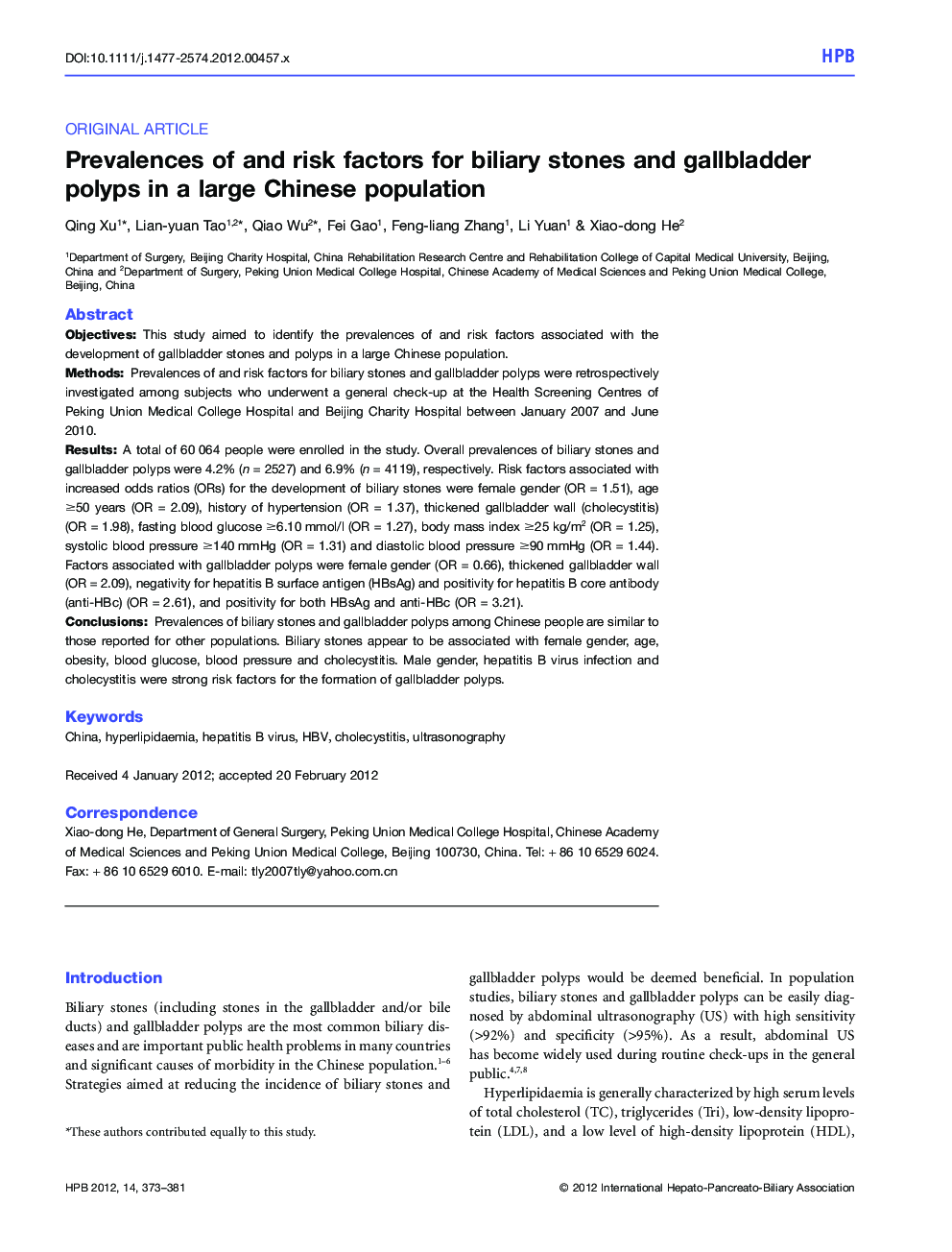 Prevalences of and risk factors for biliary stones and gallbladder polyps in a large Chinese population