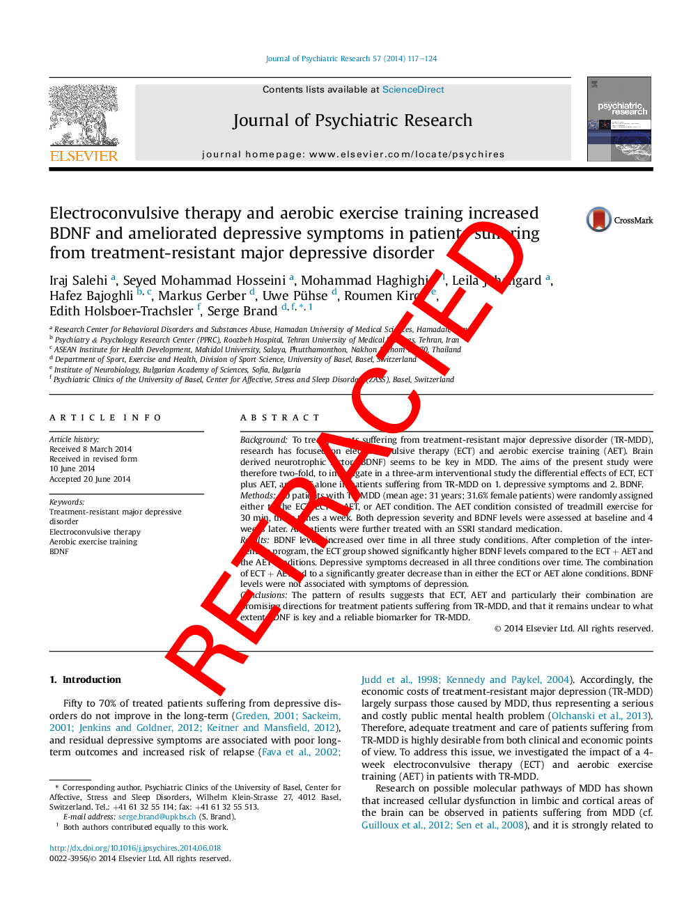 RETRACTED: Electroconvulsive therapy and aerobic exercise training increased BDNF and ameliorated depressive symptoms in patients suffering from treatment-resistant major depressive disorder