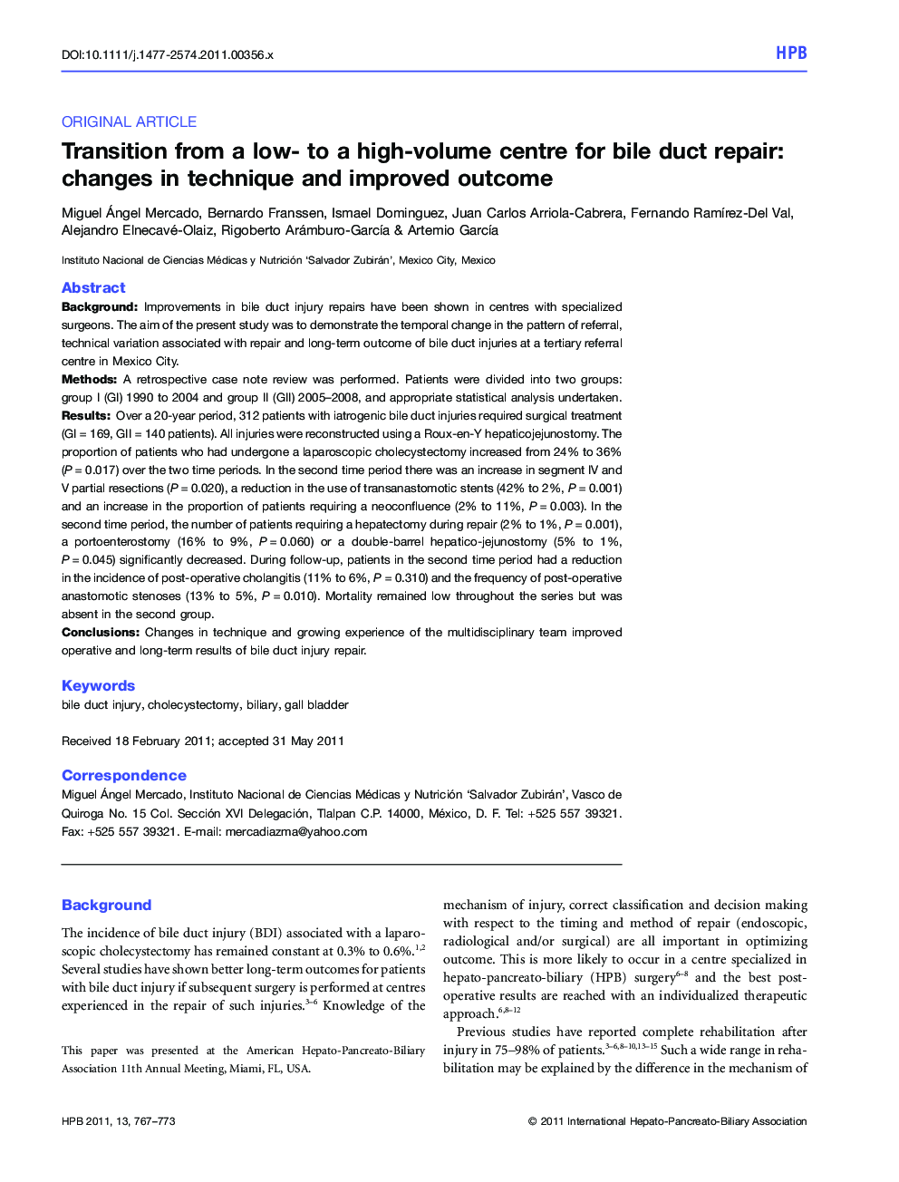 Transition from a low- to a high-volume centre for bile duct repair: changes in technique and improved outcome