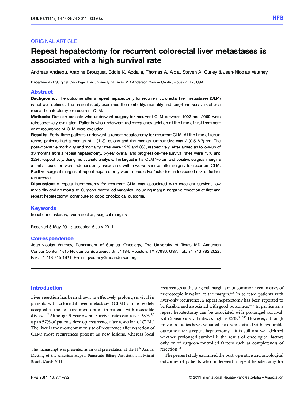 Repeat hepatectomy for recurrent colorectal liver metastases is associated with a high survival rate