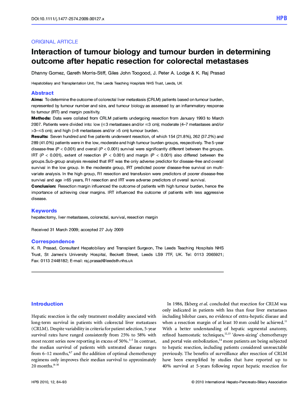 Interaction of tumour biology and tumour burden in determining outcome after hepatic resection for colorectal metastases