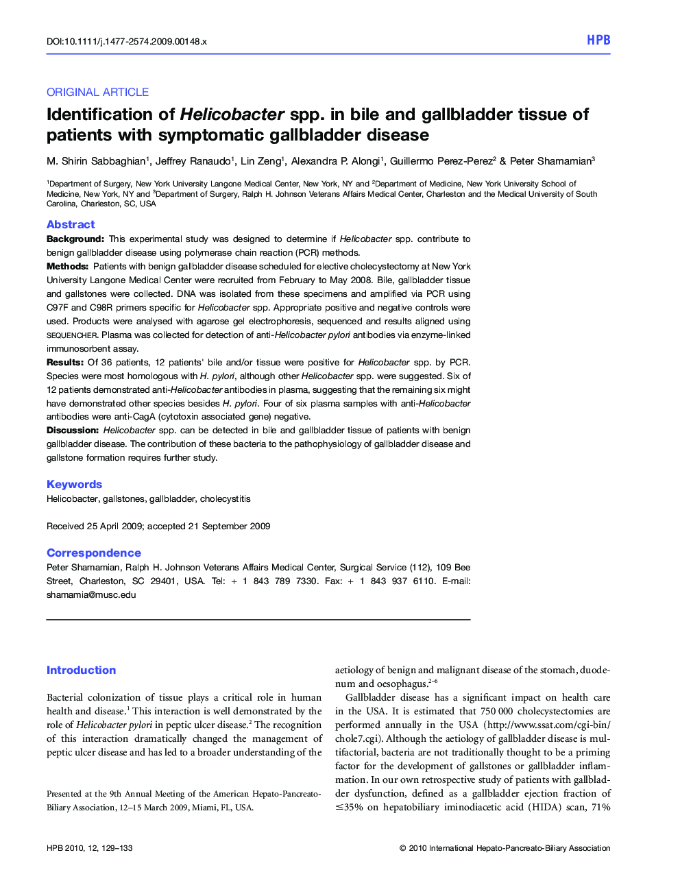 Identification of Helicobacter spp. in bile and gallbladder tissue of patients with symptomatic gallbladder disease
