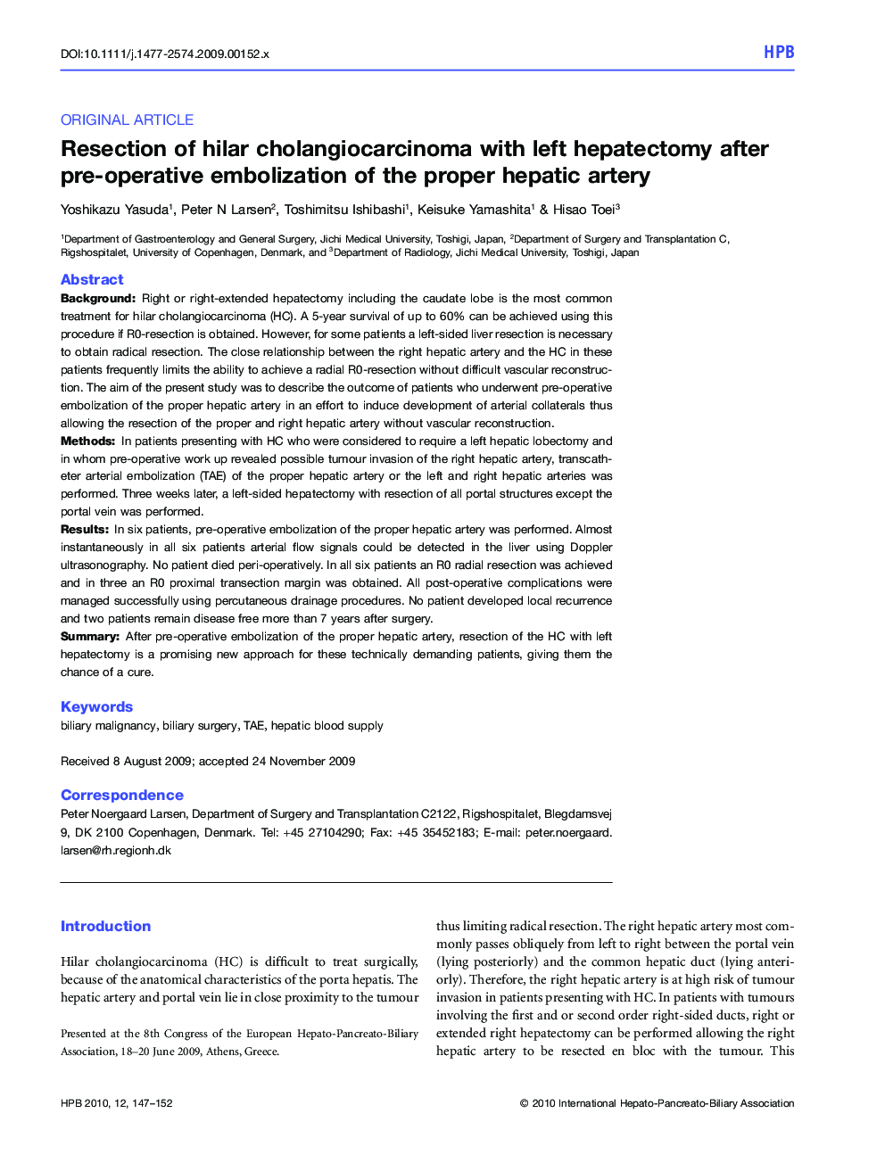 Resection of hilar cholangiocarcinoma with left hepatectomy after pre-operative embolization of the proper hepatic artery