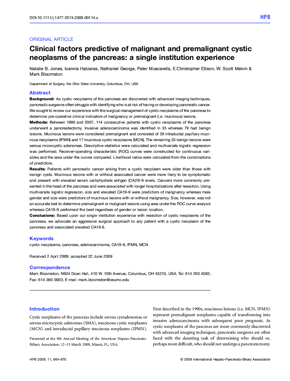 Clinical factors predictive of malignant and premalignant cystic neoplasms of the pancreas: a single institution experience