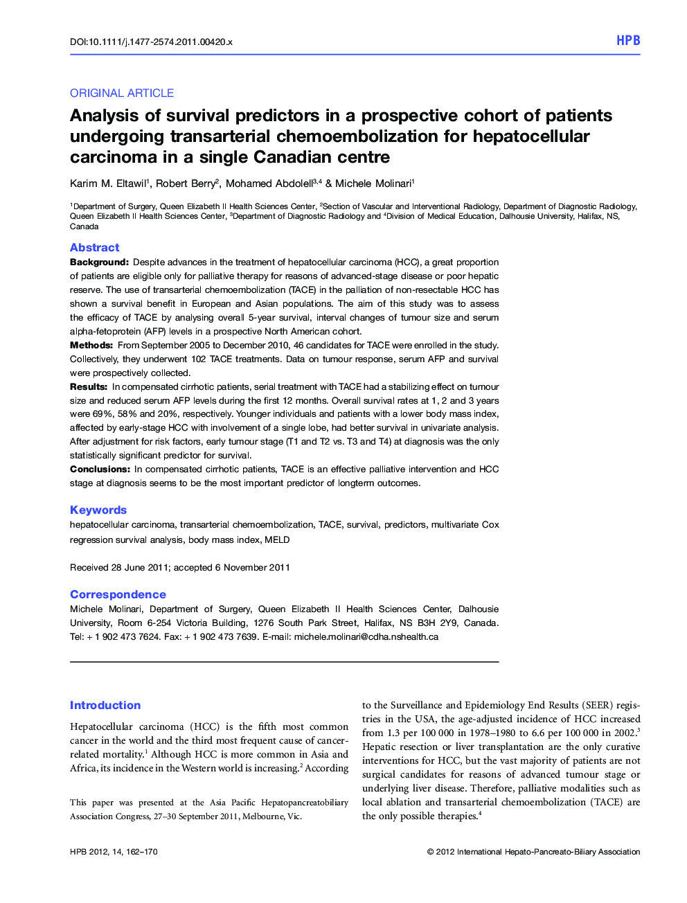 Analysis of survival predictors in a prospective cohort of patients undergoing transarterial chemoembolization for hepatocellular carcinoma in a single Canadian centre