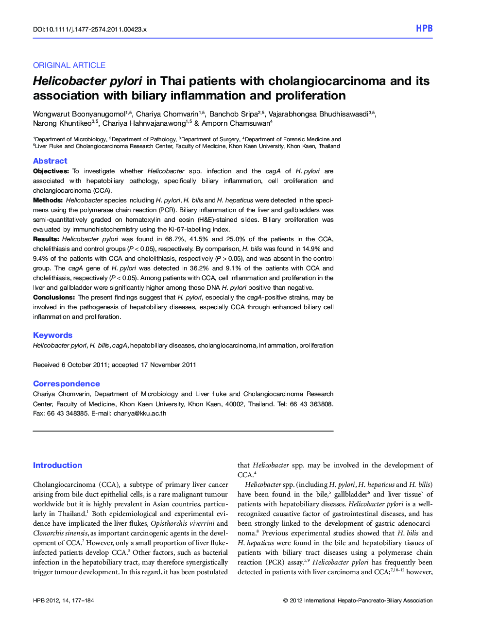 Helicobacter pylori in Thai patients with cholangiocarcinoma and its association with biliary inflammation and proliferation