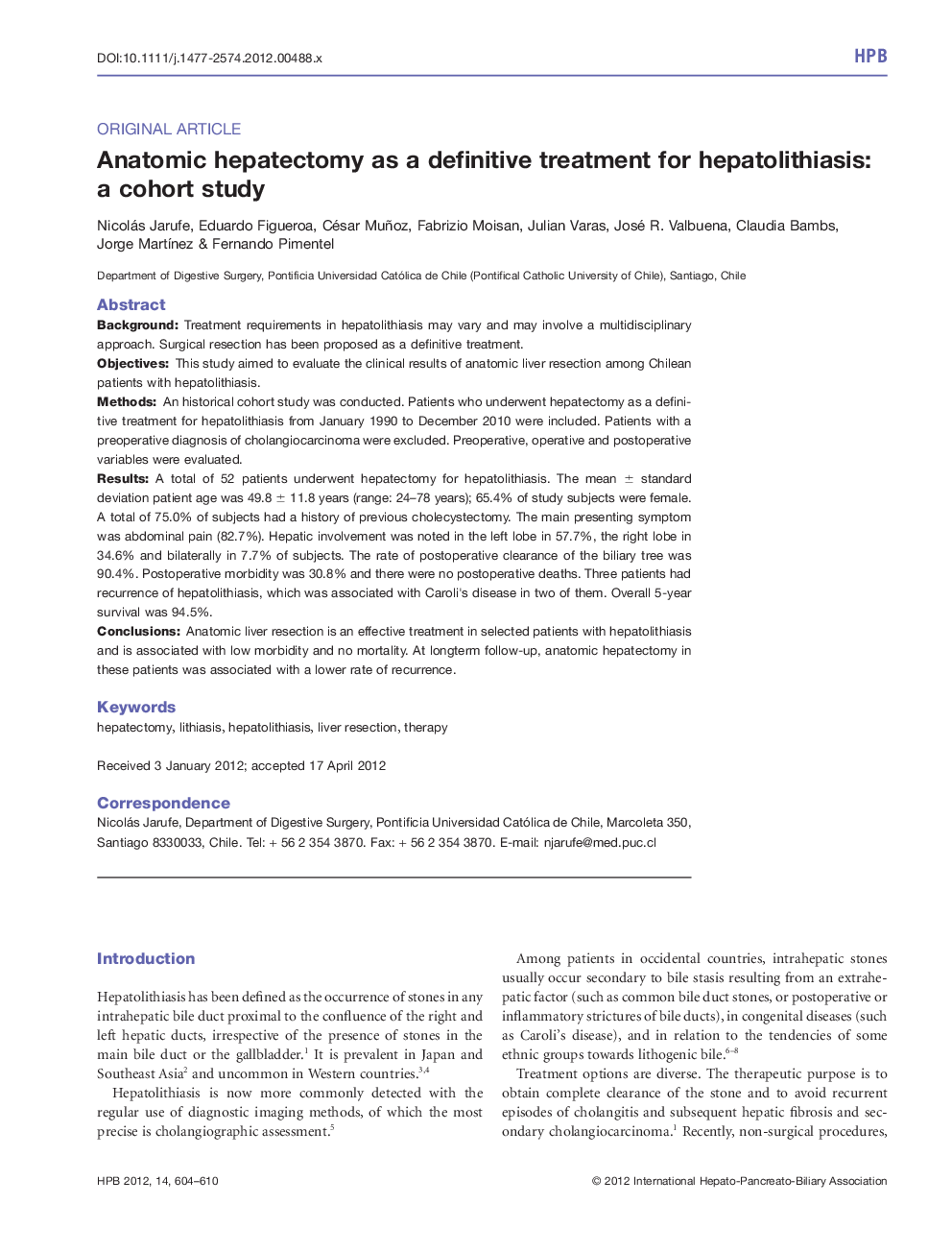 Anatomic hepatectomy as a definitive treatment for hepatolithiasis: a cohort study