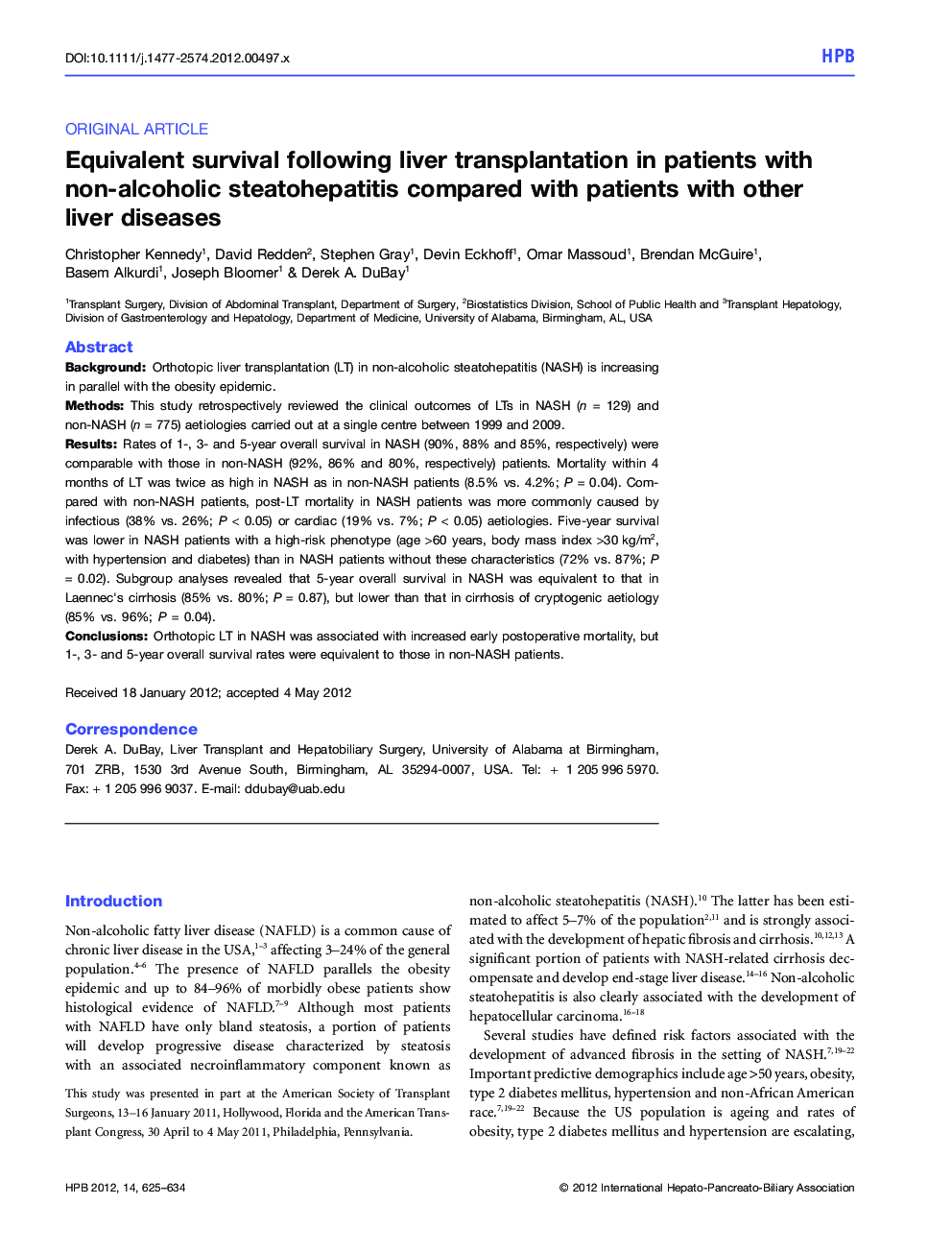 Equivalent survival following liver transplantation in patients with non-alcoholic steatohepatitis compared with patients with other liver diseases