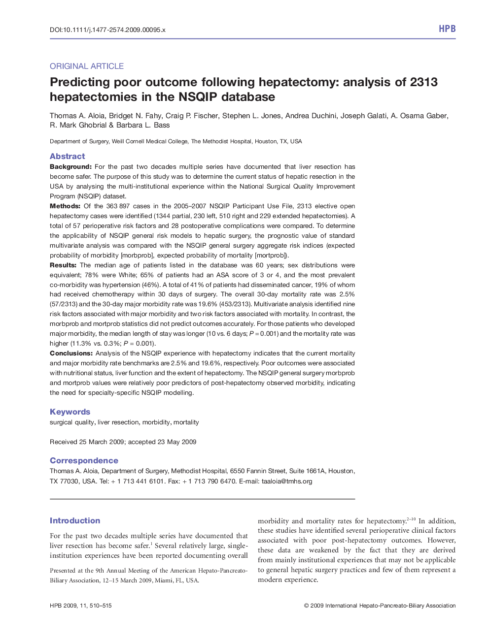 Predicting poor outcome following hepatectomy: analysis of 2313 hepatectomies in the NSQIP database