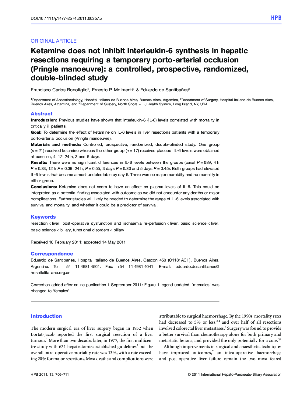 Ketamine does not inhibit interleukin-6 synthesis in hepatic resections requiring a temporary porto-arterial occlusion (Pringle manoeuvre): a controlled, prospective, randomized, double-blinded study