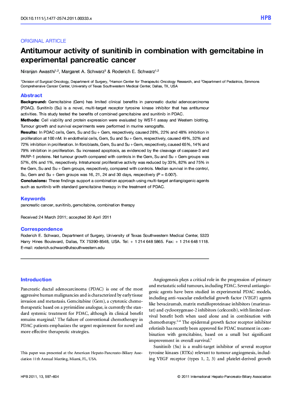 Antitumour activity of sunitinib in combination with gemcitabine in experimental pancreatic cancer