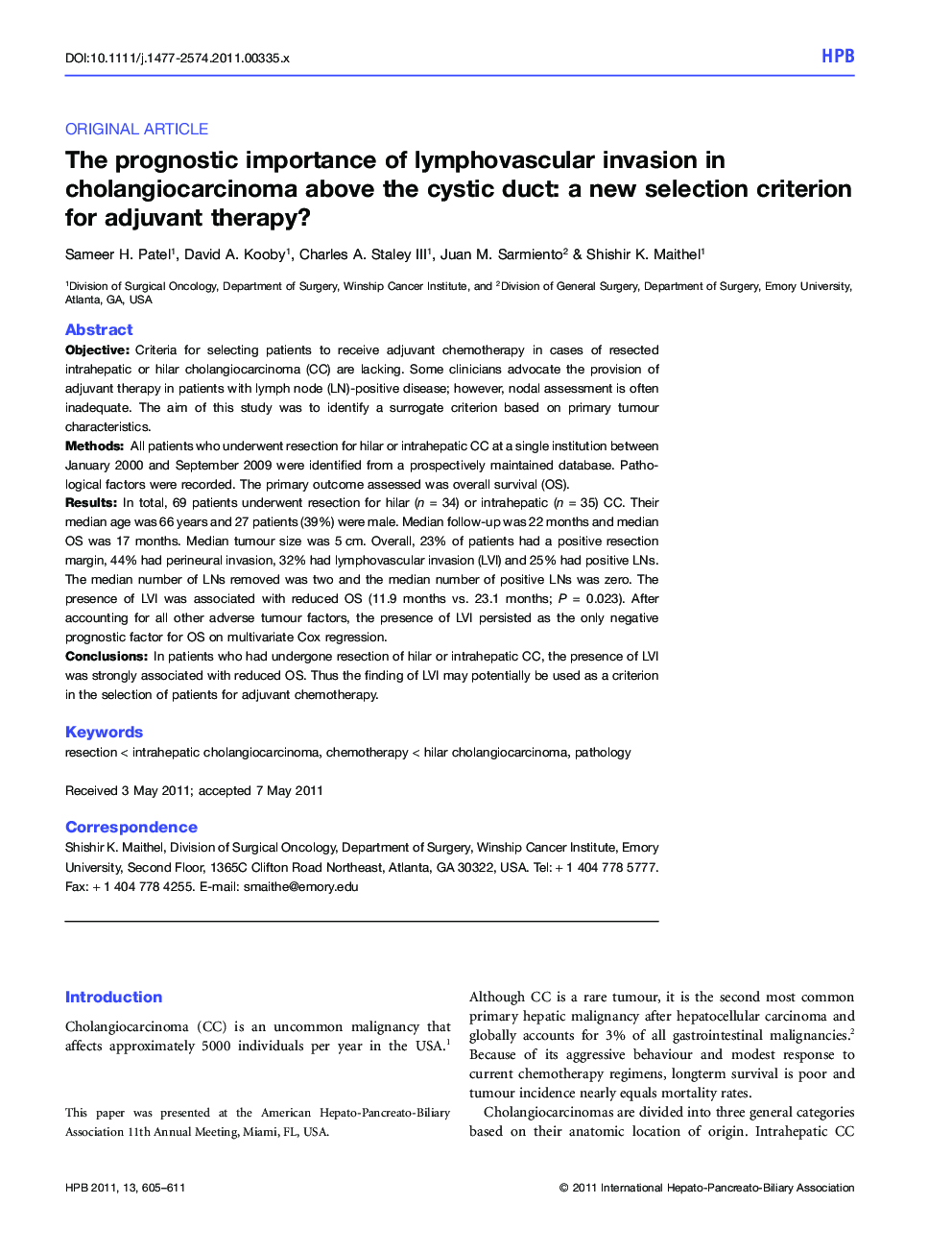 The prognostic importance of lymphovascular invasion in cholangiocarcinoma above the cystic duct: a new selection criterion for adjuvant therapy?