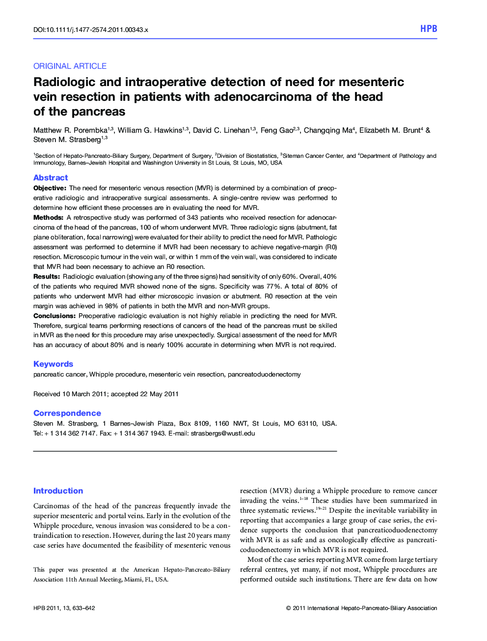 Radiologic and intraoperative detection of need for mesenteric vein resection in patients with adenocarcinoma of the head of the pancreas