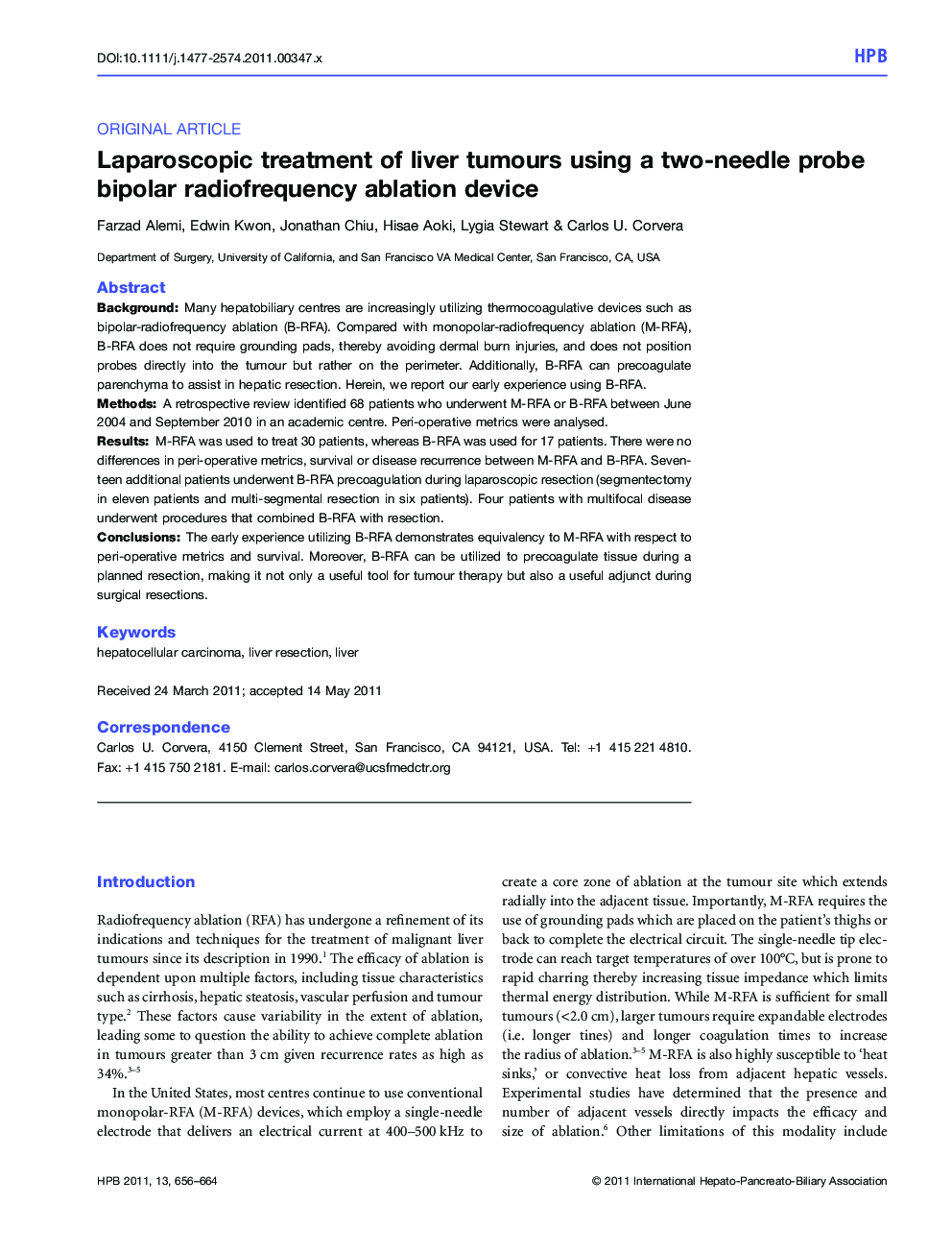 Laparoscopic treatment of liver tumours using a two-needle probe bipolar radiofrequency ablation device