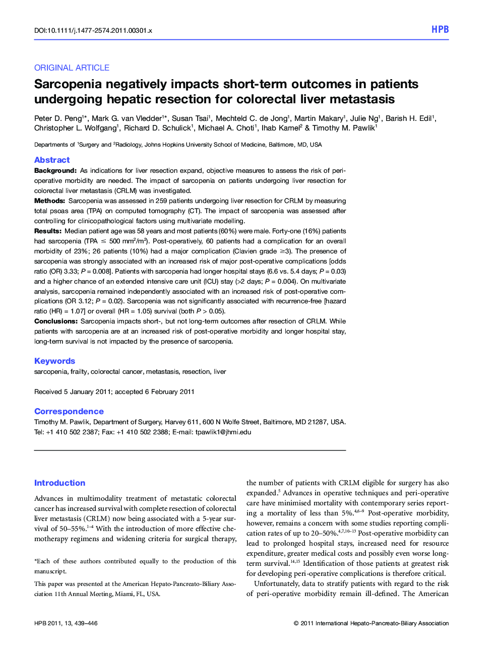 Sarcopenia negatively impacts short-term outcomes in patients undergoing hepatic resection for colorectal liver metastasis