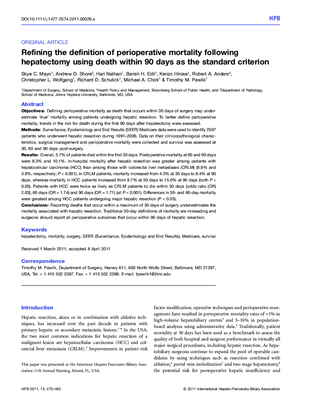 Refining the definition of perioperative mortality following hepatectomy using death within 90 days as the standard criterion
