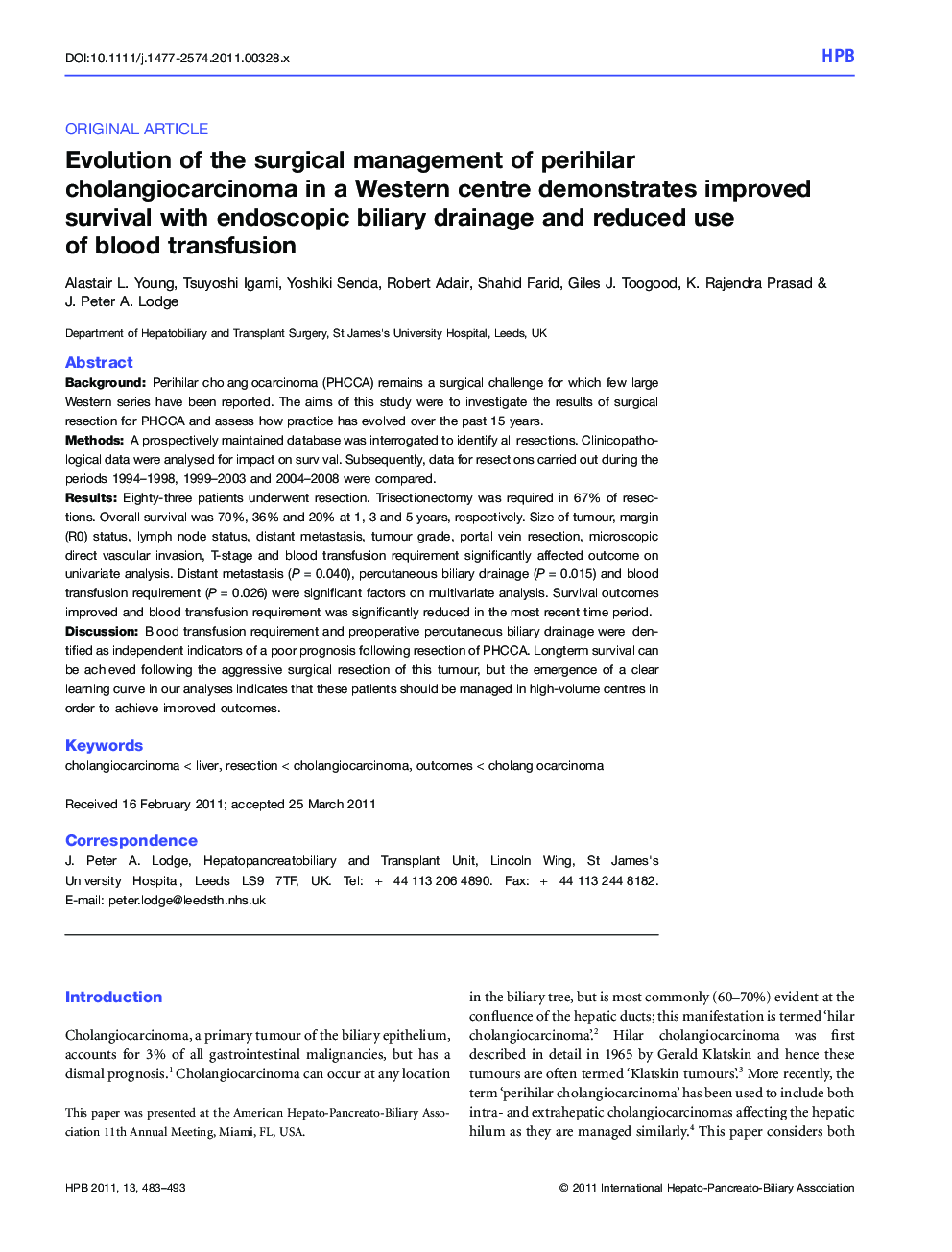 Evolution of the surgical management of perihilar cholangiocarcinoma in a Western centre demonstrates improved survival with endoscopic biliary drainage and reduced use of blood transfusion