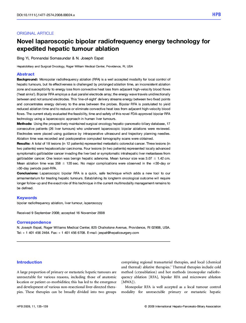 Novel laparoscopic bipolar radiofrequency energy technology for expedited hepatic tumour ablation