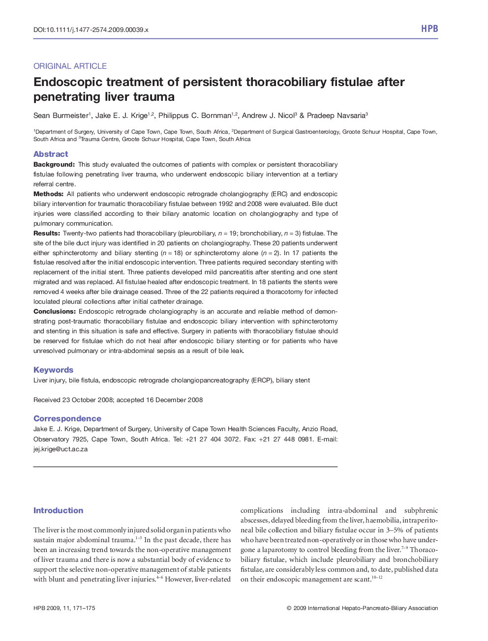 Endoscopic treatment of persistent thoracobiliary fistulae after penetrating liver trauma