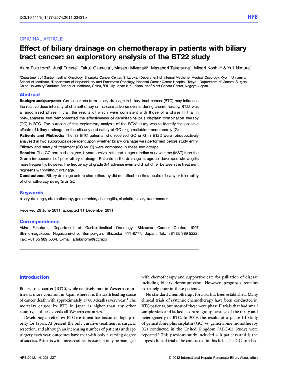 Effect of biliary drainage on chemotherapy in patients with biliary tract cancer: an exploratory analysis of the BT22 study